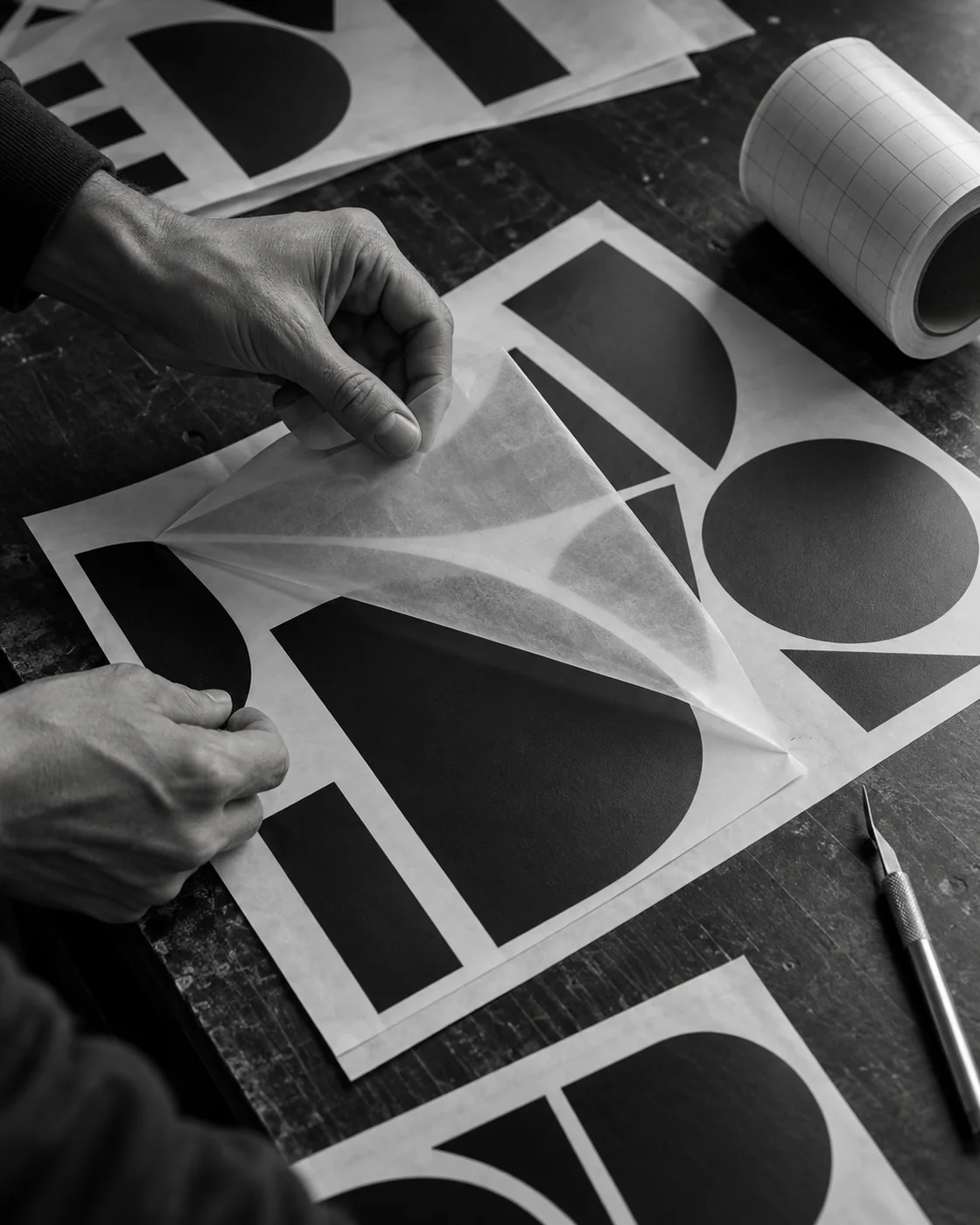 Illustrative close-up of die-cut decals and transfer tape on release liner