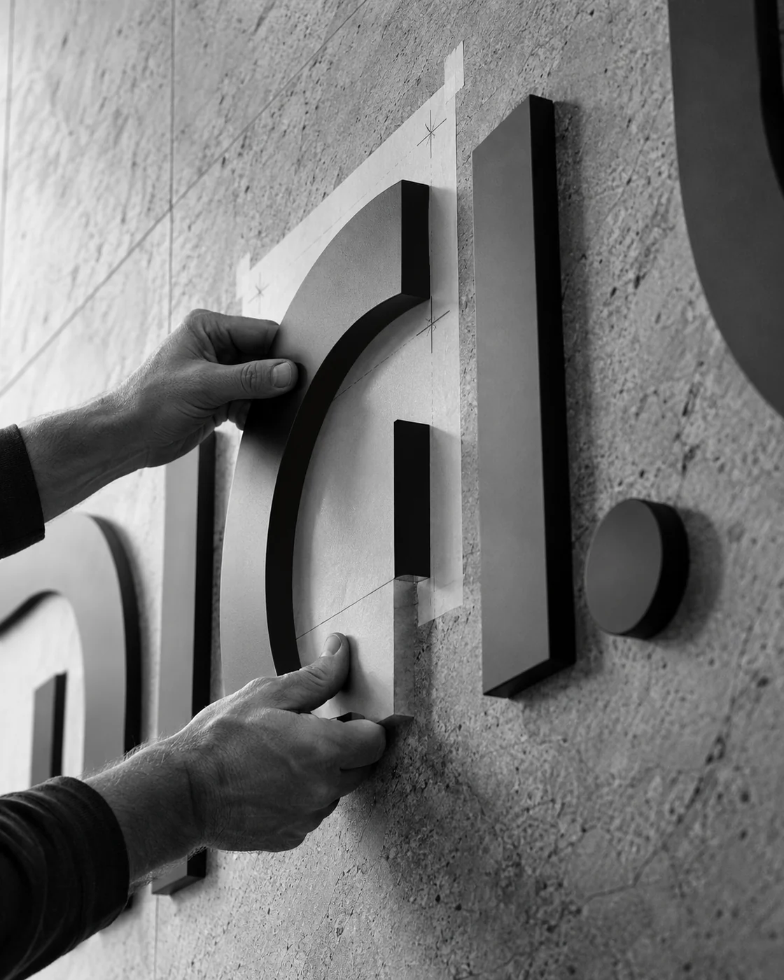 Illustrative detail of raised dimensional letterforms being aligned on a commercial wall