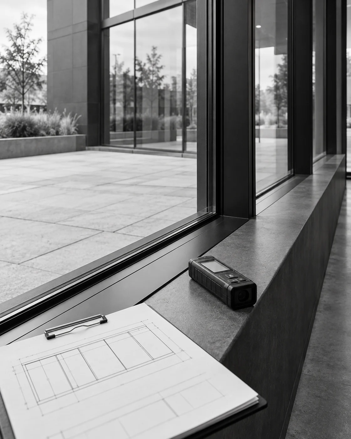 Illustrative site survey with a laser measure and window elevation sketch on a commercial window sill